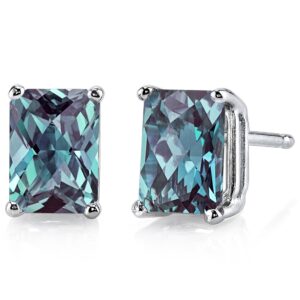 peora 14k white gold created alexandrite earrings for women, color-changing solitaire studs, 2.50 carats radiant cut, friction back