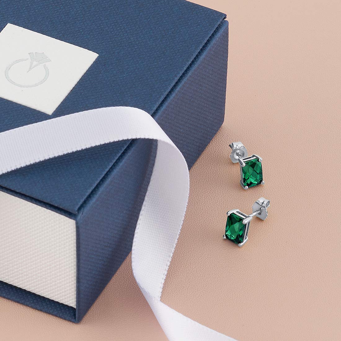 Peora Solid 14K White Gold Created Emerald Earrings for Women, Hypoallergenic Solitaire Studs, 7x5mm Radiant Cut, 1.75 Carats total, Friction Back