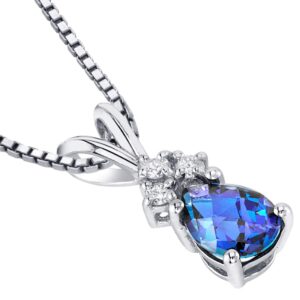 PEORA Created Alexandrite with Genuine Diamonds Pendant for Women 14K White Gold, Color-Changing Pear Shape, 7x5mm, 1 Carat total