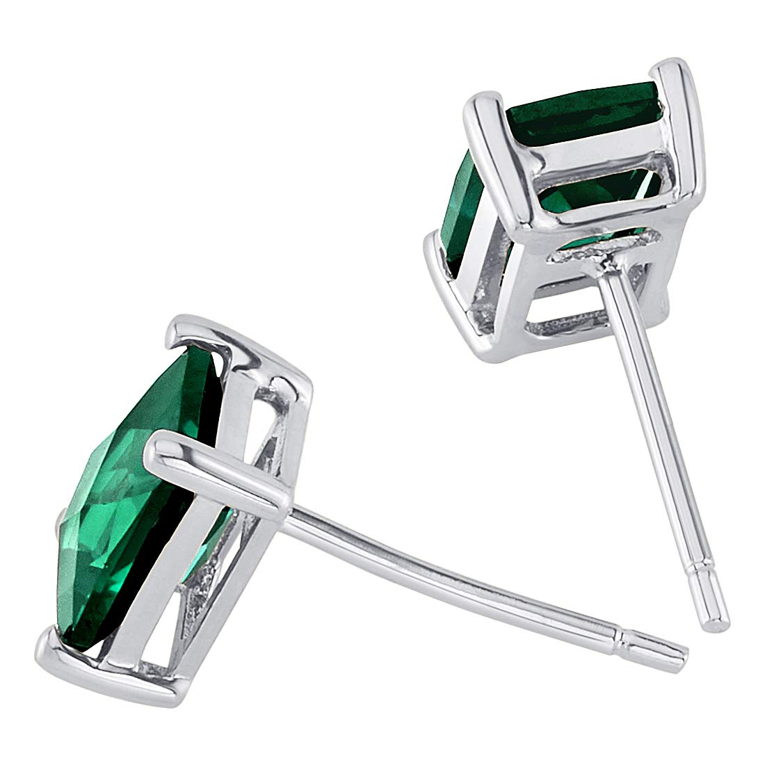 Peora Solid 14K White Gold Created Emerald Earrings for Women, Hypoallergenic Solitaire Studs, 7x5mm Radiant Cut, 1.75 Carats total, Friction Back