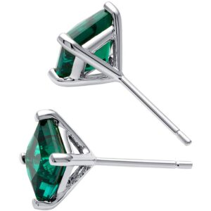 Peora Created Emerald Stud Earrings for Women 14K White Gold, Classic Solitaire, 2 Carats total Princess Cut, 6mm, Friction Back