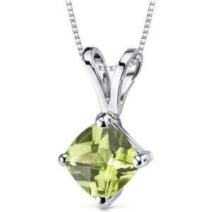 peora solid 14k white gold peridot pendant for women, genuine gemstone birthstone classic solitaire, cushion cut, 6mm, 1 carat total