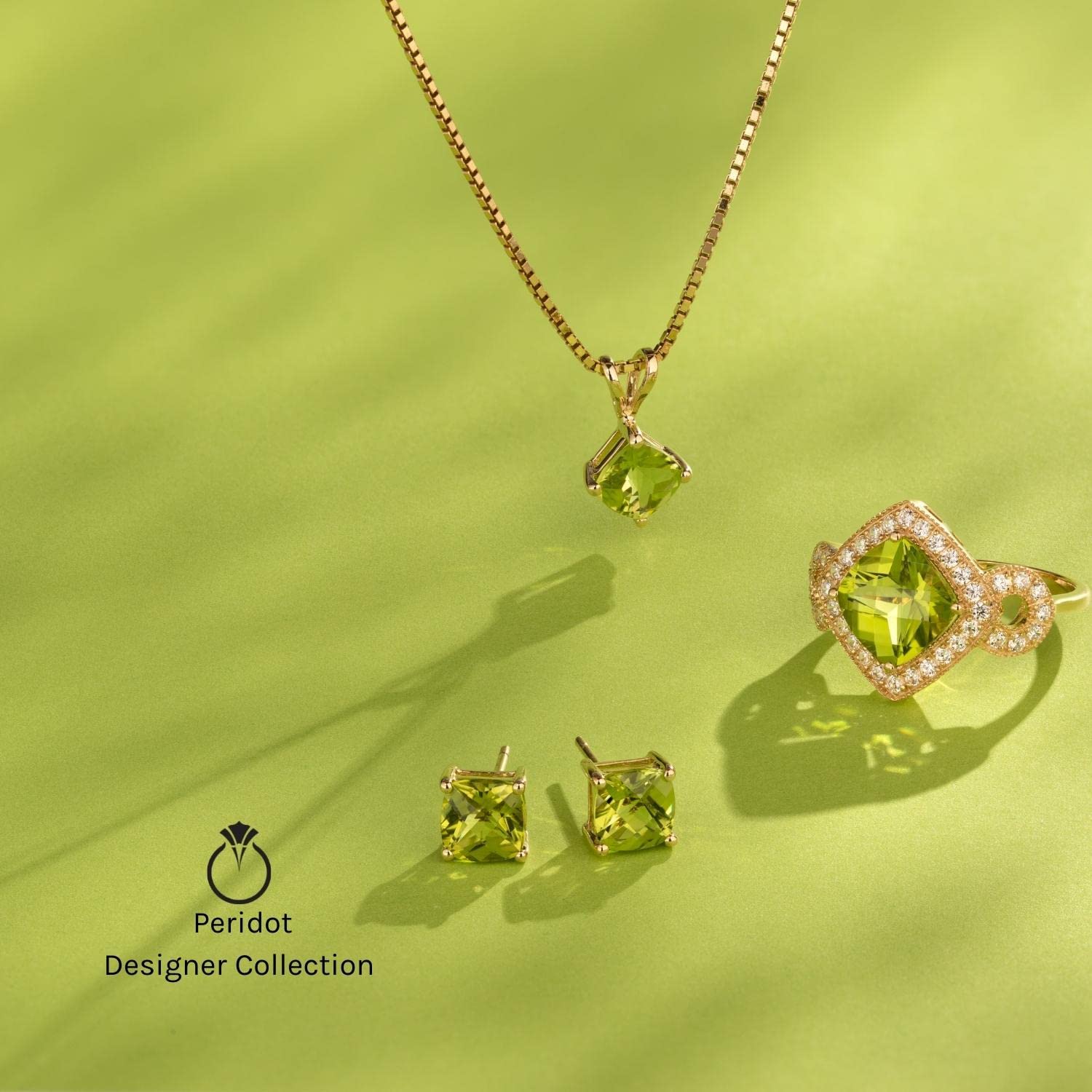 PEORA Solid 14K White Gold Peridot Pendant for Women, Genuine Gemstone Birthstone Classic Solitaire, Cushion Cut, 6mm, 1 Carat total