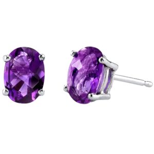 Peora Solid 14K White Gold Amethyst Earrings for Women, Genuine Gemstone Birthstone Solitaire Studs, 7x5mm Oval Shape, 1.50 Carats total, Friction Back