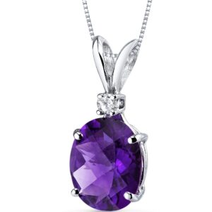 PEORA Solid 14K White Gold 2 Carats Amethyst with Diamond Pendant for Women, Genuine Gemstone Solitaire, Oval Shape 10x8mm