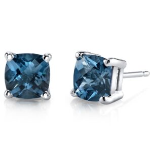 peora 14k white gold london blue topaz earrings for women, genuine gemstone birthstone, cushion cut 6mm, 2.25 carats total, friction back