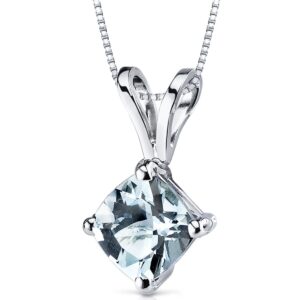 peora solid 14k white gold aquamarine pendant for women, genuine gemstone birthstone solitaire, 0.75 carat cushion cut, 6mm