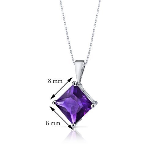 PEORA Solid 14K White Gold Amethyst Pendant for Women, Genuine Gemstone Birthstone Solitaire, Princess Cut, 8mm, AAA Grade, 2 Carats total