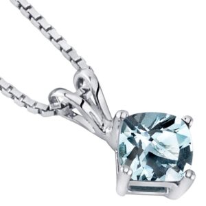 PEORA Solid 14K White Gold Aquamarine Pendant for Women, Genuine Gemstone Birthstone Solitaire, 0.75 Carat Cushion Cut, 6mm