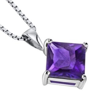 PEORA Solid 14K White Gold Amethyst Pendant for Women, Genuine Gemstone Birthstone Solitaire, Princess Cut, 8mm, AAA Grade, 2 Carats total