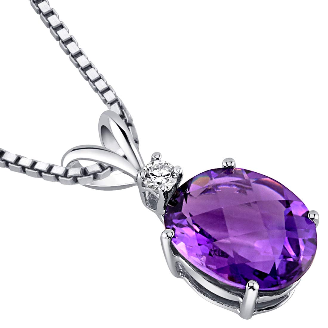 PEORA Solid 14K White Gold 2 Carats Amethyst with Diamond Pendant for Women, Genuine Gemstone Solitaire, Oval Shape 10x8mm