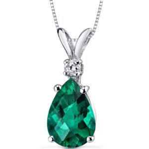 peora created emerald with genuine diamond pendant for women 14k white gold, elegant teardrop solitaire, pear shape, 10x7mm, 1.75 carats total