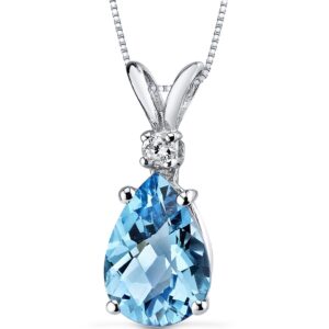 peora 14k white gold swiss blue topaz with diamond pendant for women, natural gemstone birthstone teardrop solitaire, 2.30 carats total pear shape 10x7mm