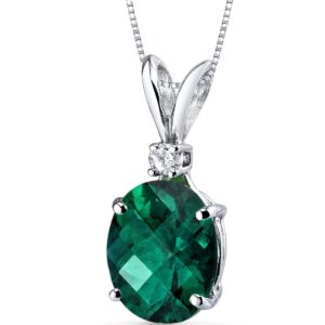 peora created emerald with genuine diamond pendant in 14k white gold, elegant solitaire, oval shape, 10x8mm, 2.35 carats total