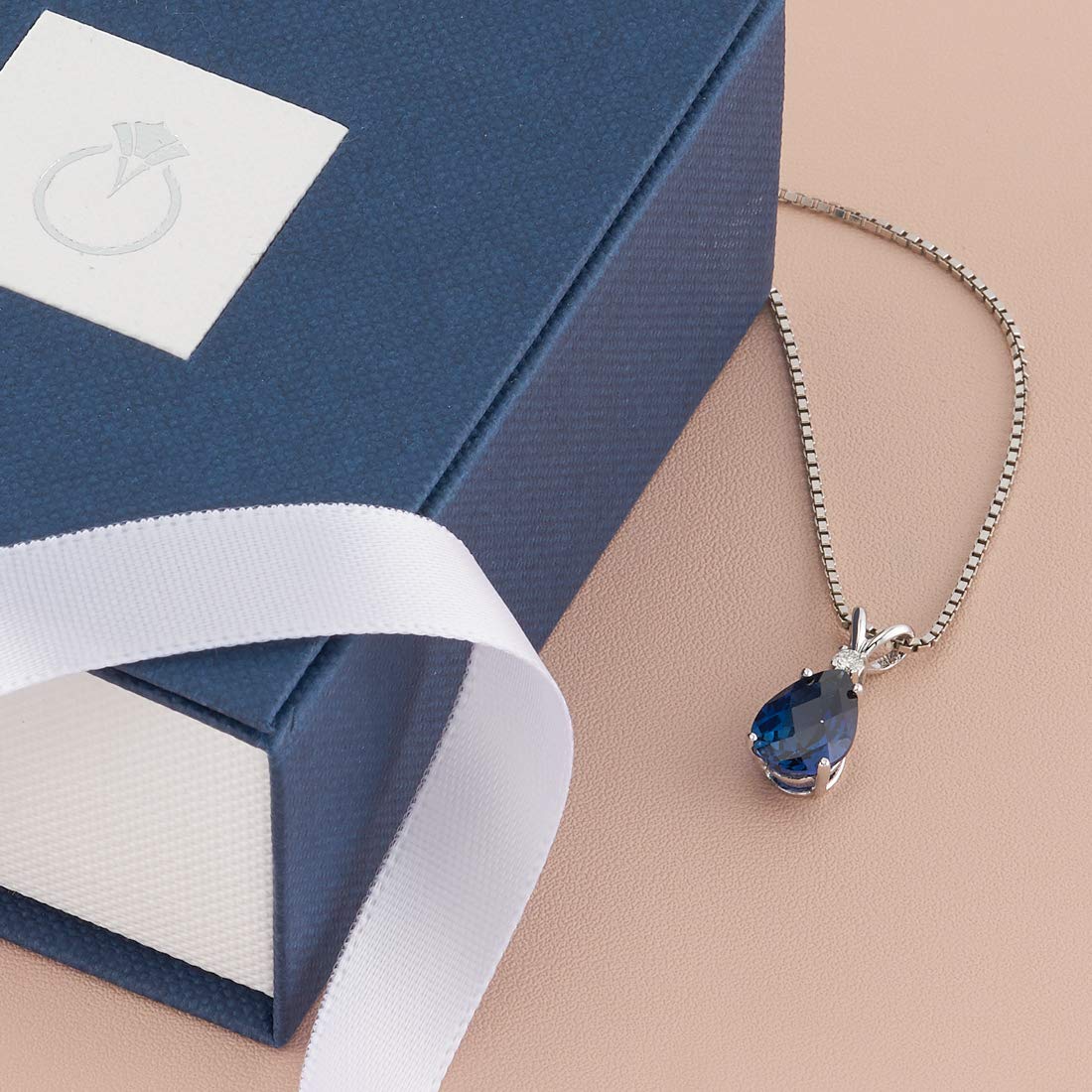 Peora Solid 14K White Gold Created Blue Sapphire with Genuine Diamond Pendant for Women, Elegant Teardrop Solitaire, 2.45 Carats Pear Shape 10x7mm