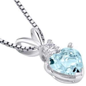 PEORA 14K White Gold Aquamarine and Diamond Pendant, AAA Grade Heart Shape Solitaire, 6mm, 0.75 Carat total