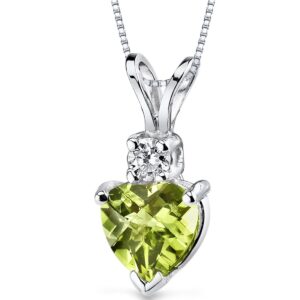 peora 14k white gold peridot and diamond pendant for women, genuine gemstone birthstone, heart shape solitaire, 6mm, 1 carat total