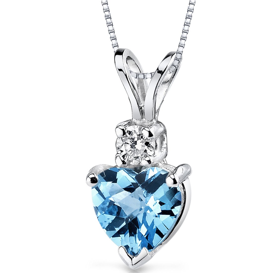 PEORA 14K White Gold Swiss Blue Topaz and Diamond Pendant for Women, Genuine Gemstone Birthstone, AAA Grade Heart Shape Solitaire, 6mm, 1 Carat total