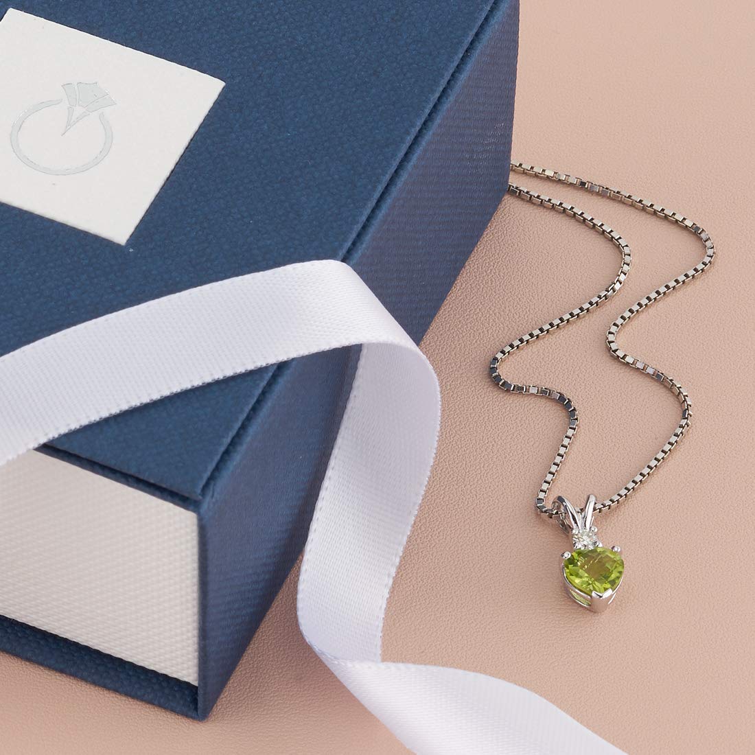 PEORA 14K White Gold Peridot and Diamond Pendant for Women, Genuine Gemstone Birthstone, Heart Shape Solitaire, 6mm, 1 Carat total