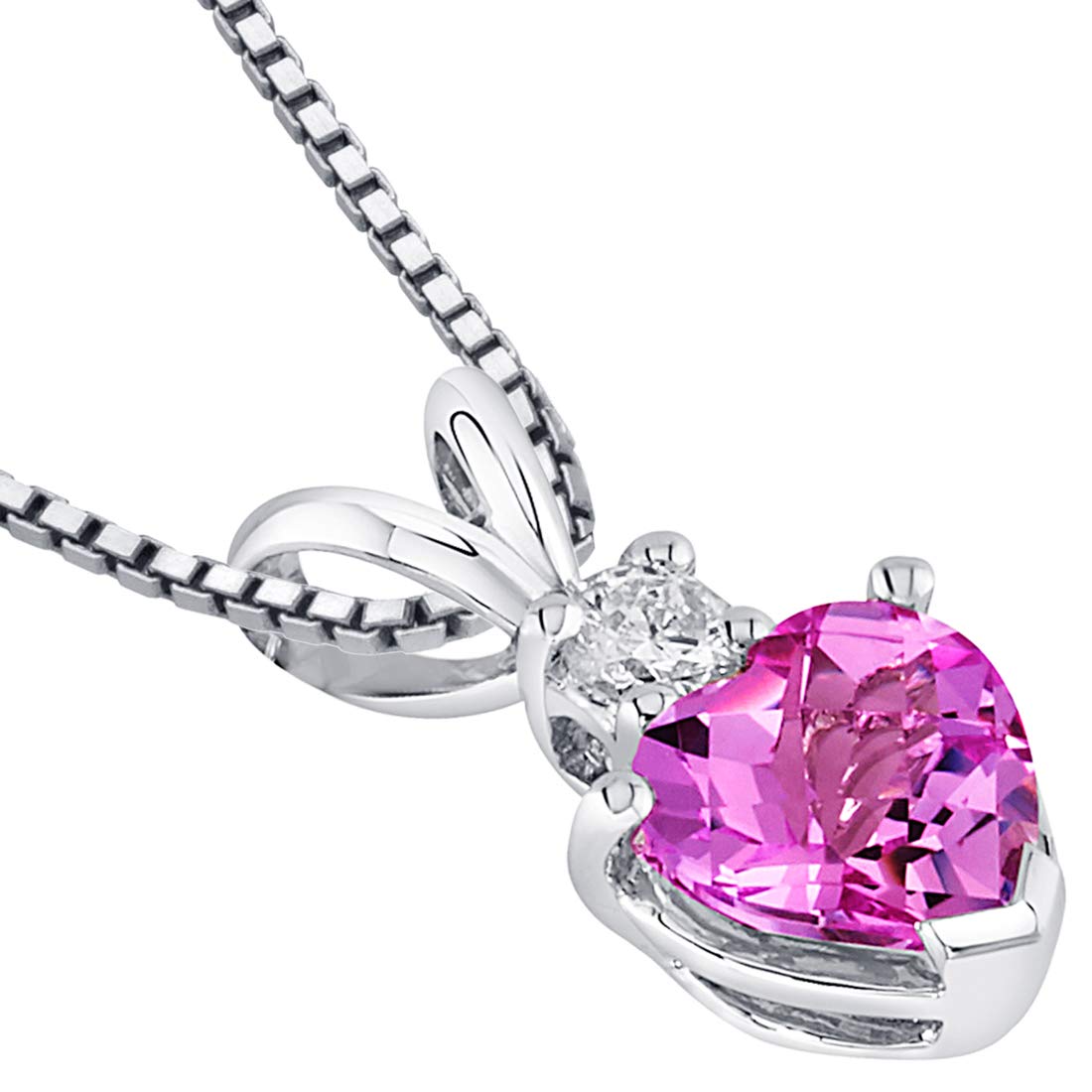 PEORA Solid 14K White Gold Created Pink Sapphire with Genuine Diamond Pendant for Women, Heart Shape Solitaire, 6mm, 1.15 Carats total