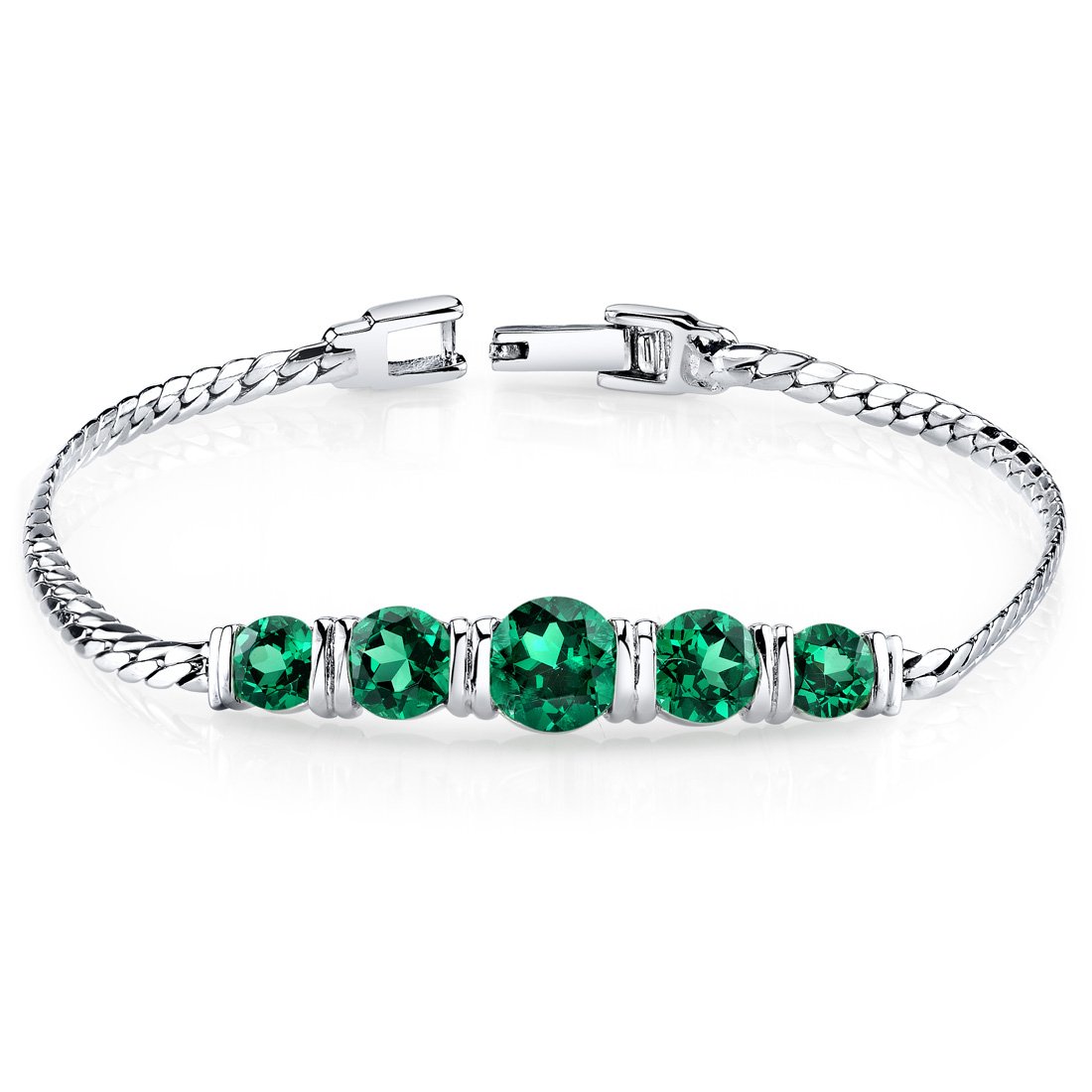 PEORA Simulated Emerald 5-Stone Bracelet for Women 925 Sterling Silver, 3.50 Carats total Round Shape, 7 1/4 inch length