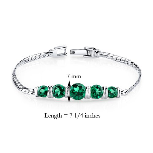 PEORA Simulated Emerald 5-Stone Bracelet for Women 925 Sterling Silver, 3.50 Carats total Round Shape, 7 1/4 inch length