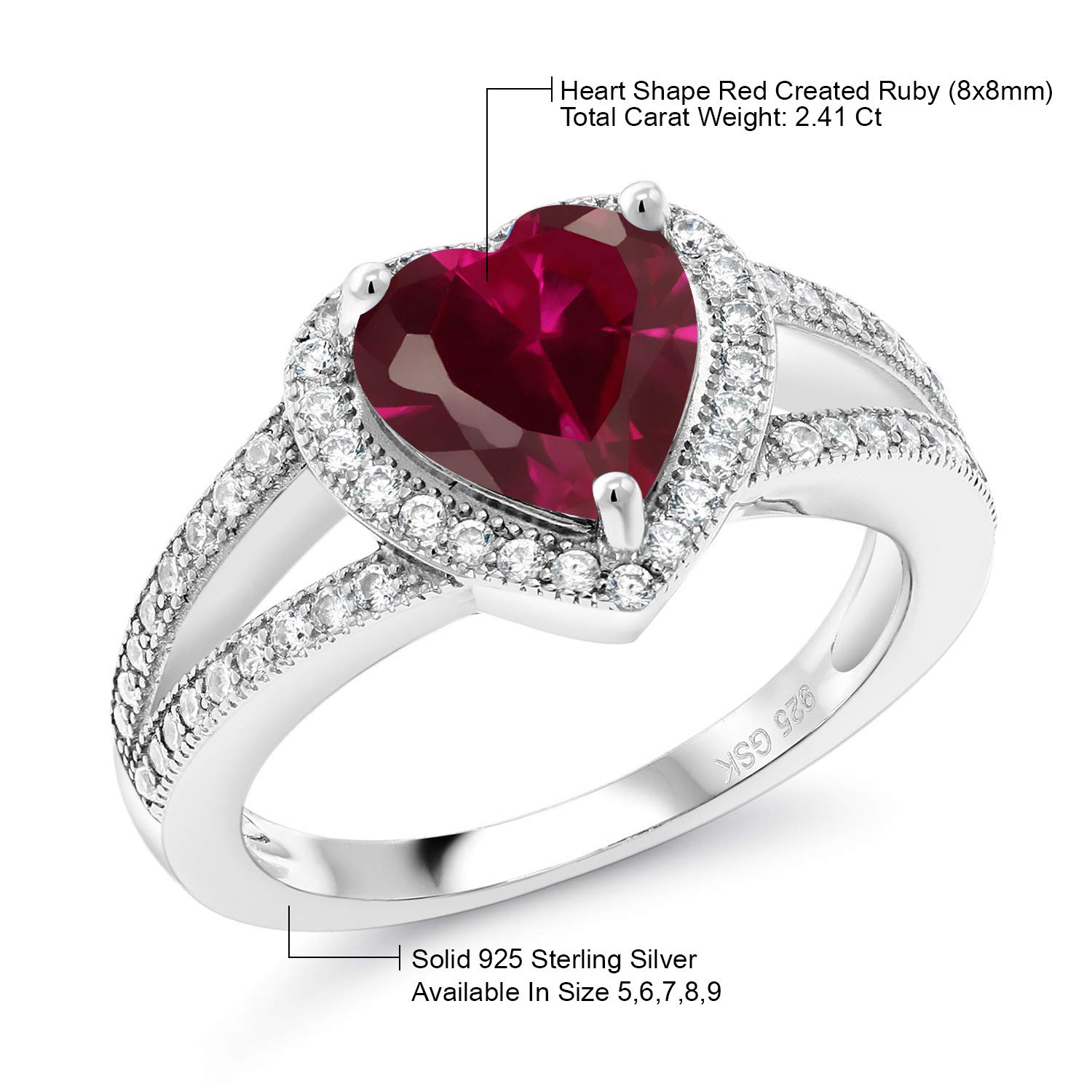 Gem Stone King 925 Sterling Silver Red Created Ruby and White Moissanite Ring For Women (2.41 Cttw, Gemstone July Birthstone, Heart Shape 8MM, Available In Size 5,6,7,8,9)