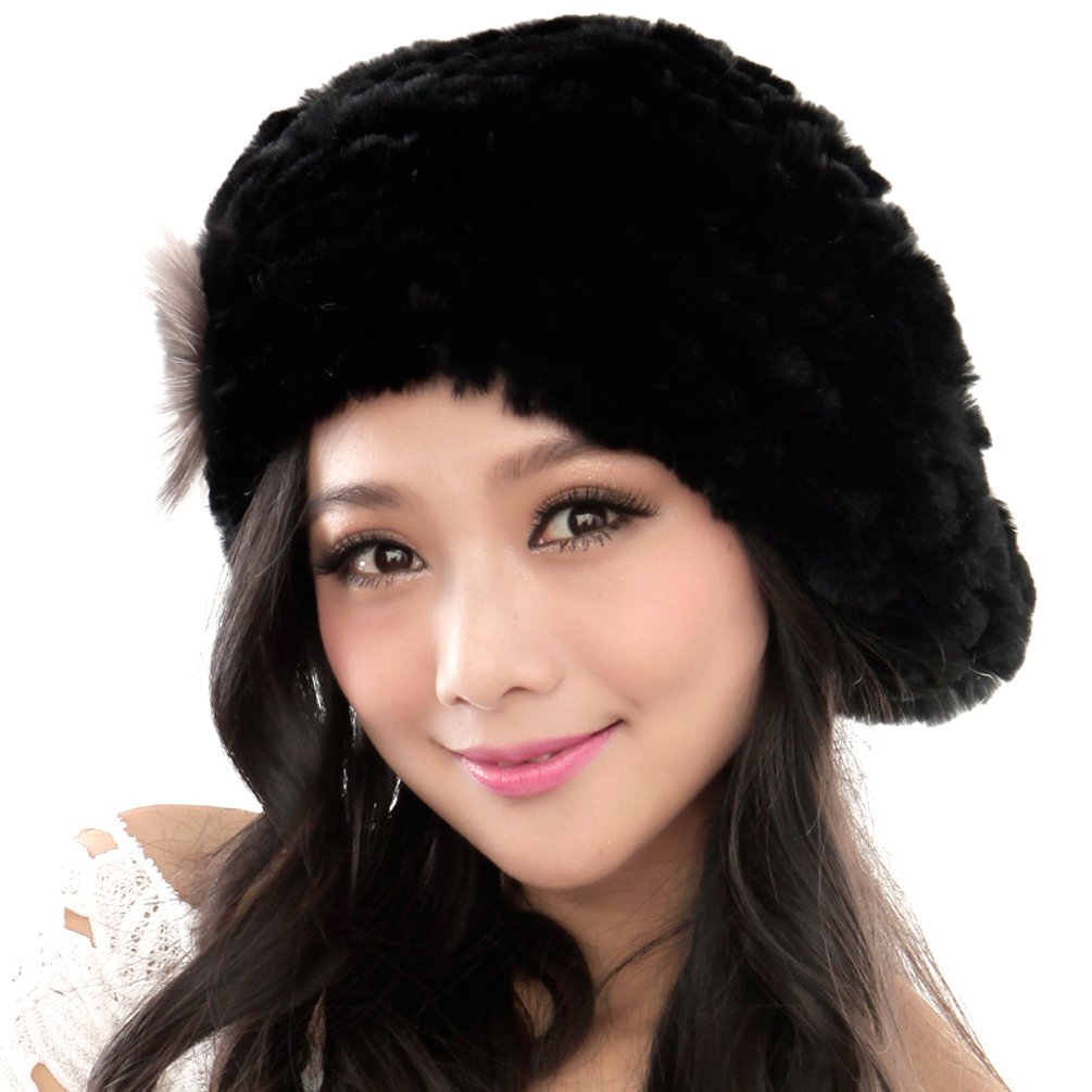 URSFUR Winter Women's Rex Rabbit Fur Beret Hats with Fur Flower (Black)