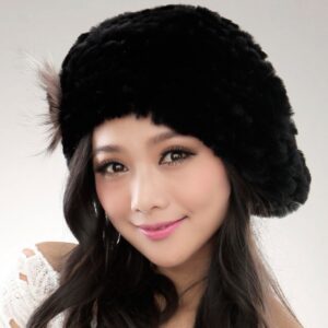 URSFUR Winter Women's Rex Rabbit Fur Beret Hats with Fur Flower (Black)