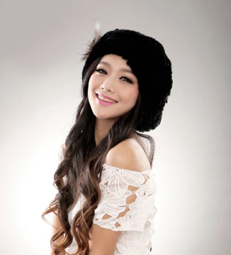 URSFUR Winter Women's Rex Rabbit Fur Beret Hats with Fur Flower (Black)