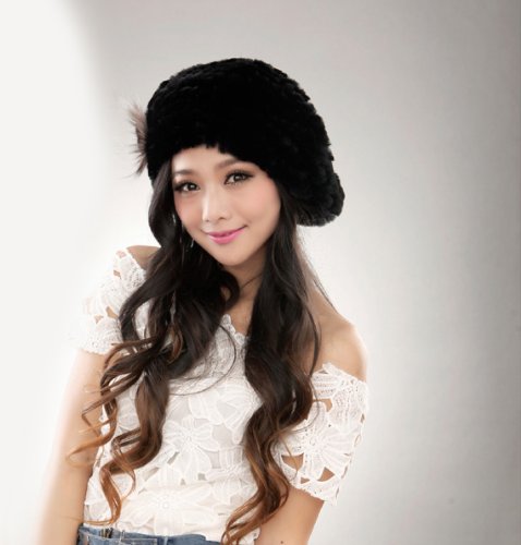 URSFUR Winter Women's Rex Rabbit Fur Beret Hats with Fur Flower (Black)