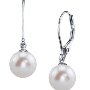 THE PEARL SOURCE AAAA Quality White Round Freshwater Cultured Pearl Hypoallergenic Earrings for Women | 14K Gold Leverbacks Earring | White Gold | 8.0-8.5mm