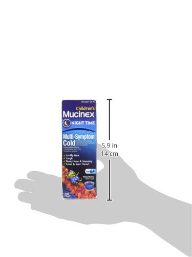 Mucinex Cold and Fever, Children's Multi-Symptom, Night Time Cold Liquid, Mixed Berry, 4oz, Reduces Fever, Controls Cough, Relieves Stuffy Nose, "Packaging May Vary"