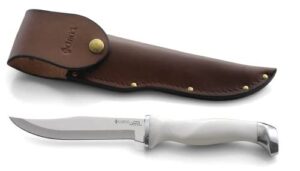 cutco model 1769 white (pearl) hunting knife with straight edge blade and leather sheath in white gift box