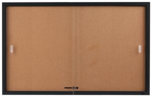 enclosed sliding door cork bulletin board, 5 x 3 feet, self-healing corkboard display surface, 60" x 36" notice board for wall mount with included mounting hardware, black, aluminum frame