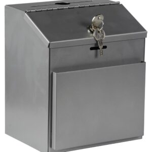 Ballot Box with Locking Hinged Lid and Side Pocket for Forms (Not Included), Metal Suggestion Box for Tabletop or Wall Mount Use, Silver