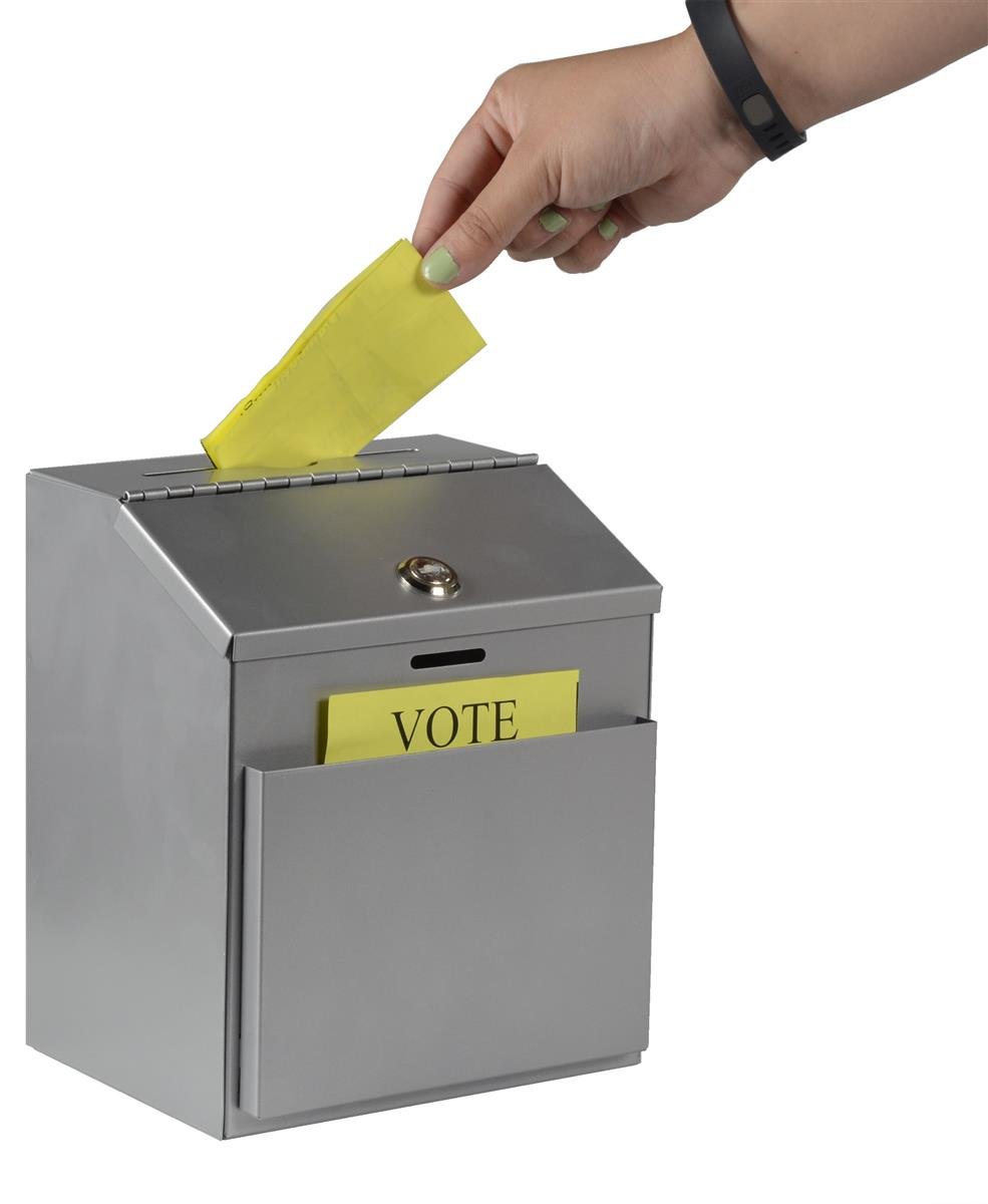 Ballot Box with Locking Hinged Lid and Side Pocket for Forms (Not Included), Metal Suggestion Box for Tabletop or Wall Mount Use, Silver