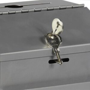 Ballot Box with Locking Hinged Lid and Side Pocket for Forms (Not Included), Metal Suggestion Box for Tabletop or Wall Mount Use, Silver