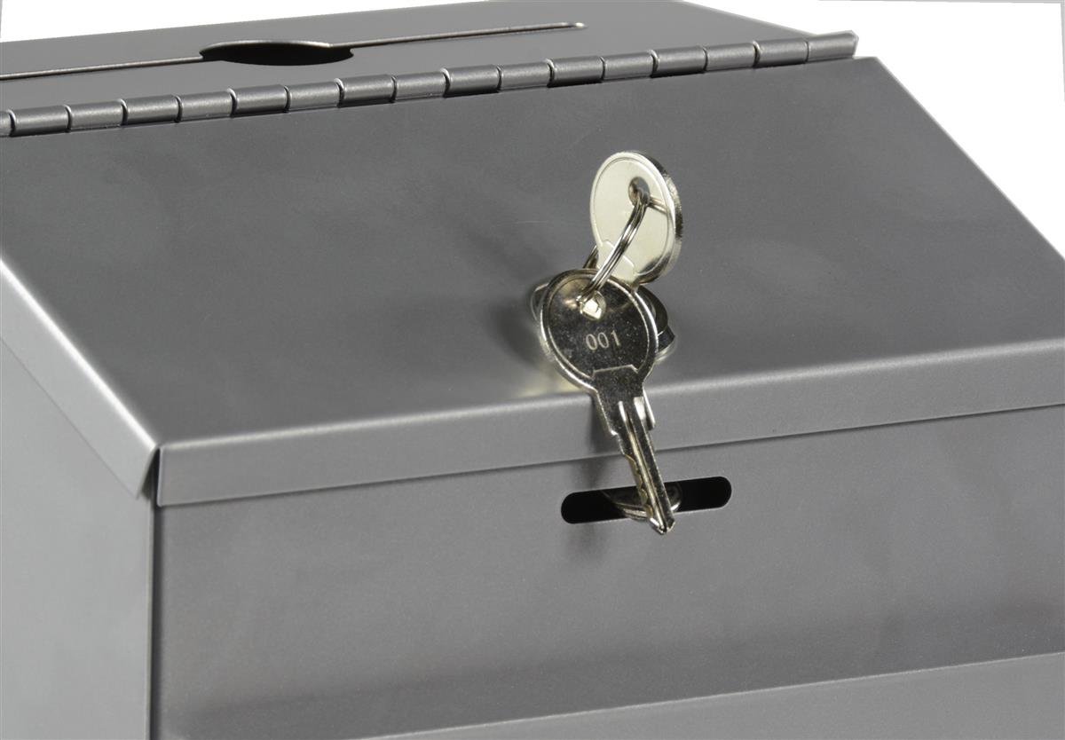 Ballot Box with Locking Hinged Lid and Side Pocket for Forms (Not Included), Metal Suggestion Box for Tabletop or Wall Mount Use, Silver