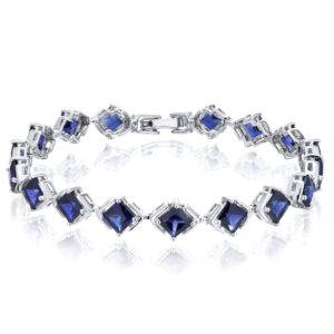 PEORA Created Blue Sapphire Tennis Bracelet for Women 925 Sterling Silver, 12 Carats total 16 Pieces Princess Cut, 7 1/4 inch length