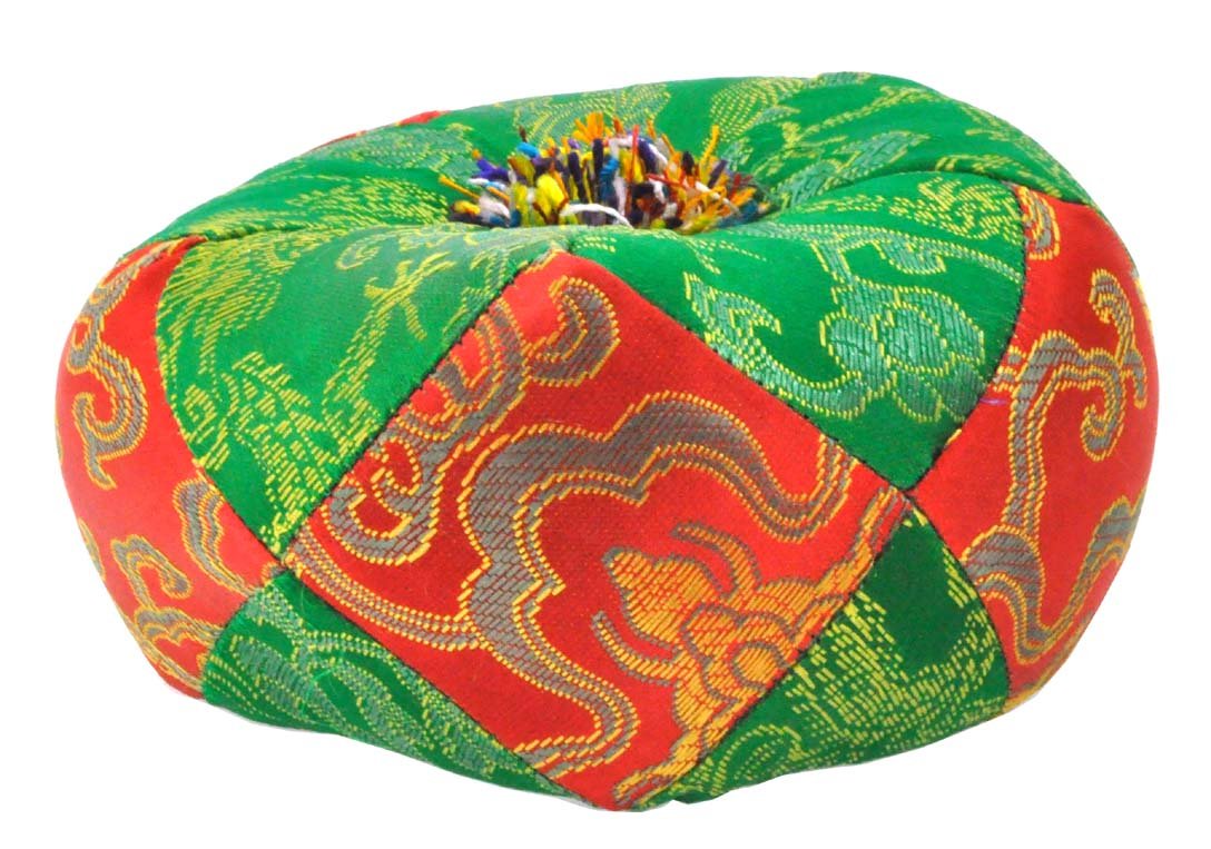 Tibetan Satin Singing Bowl Cushion, Singing Bowl Pillow (Red and Green)