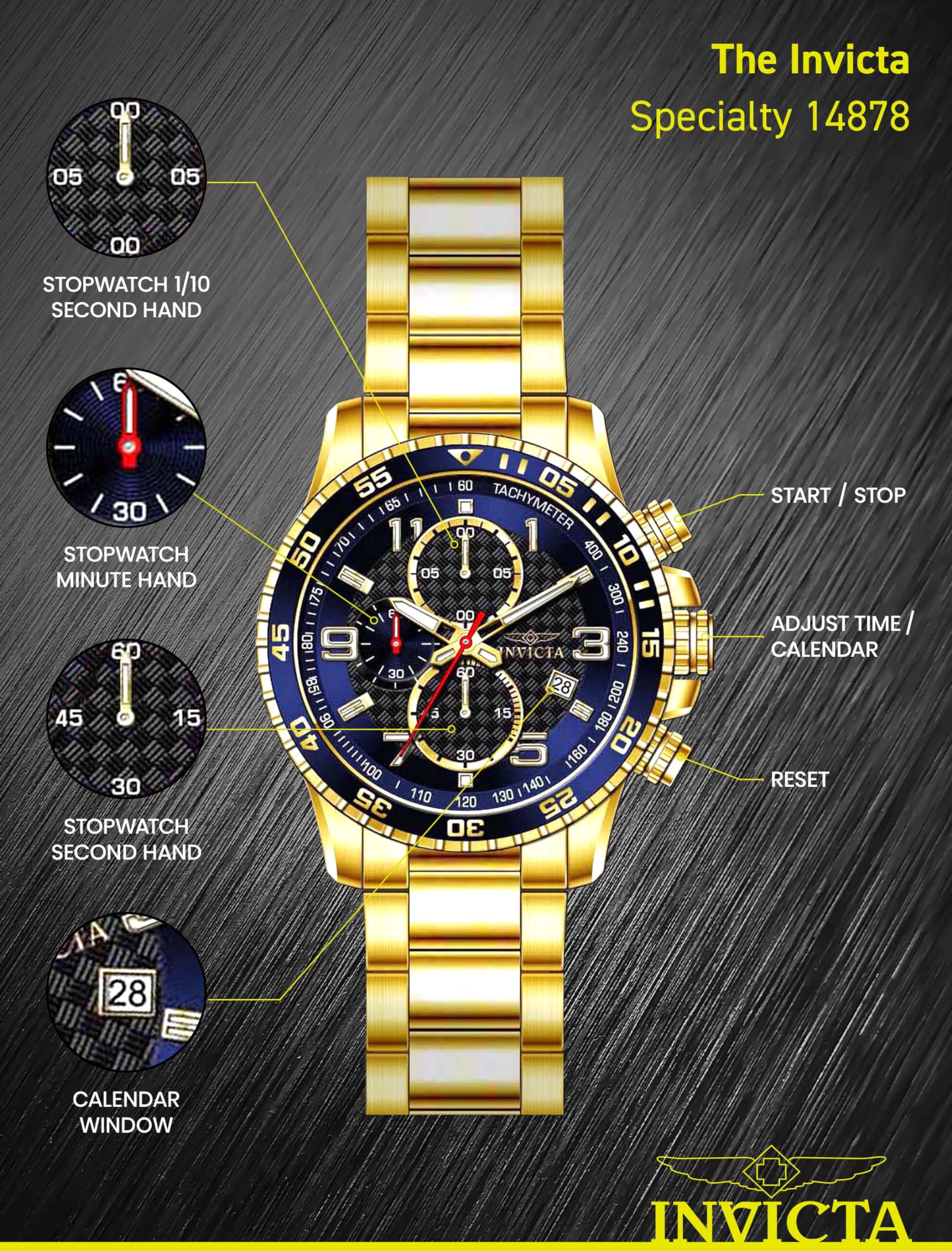 Invicta Men's 14878 Specialty Chronograph Dark Blue Textured Dial Gold Ion-Plated Stainless Steel Watch