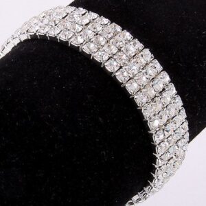 BSI Wedding Bridal 4-row Rhinestone Elecstic Bracelet Silver Plated Paw, Clear Crystal Rhinestones ~ Classic ~