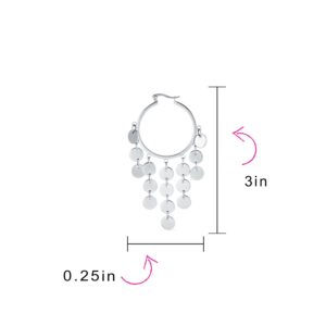 Bohemian Sequin Coin Disc Dangle Chandelier Round Hoop Chandelier Earrings For Women Silver Tone Stainless Steel 3Inch