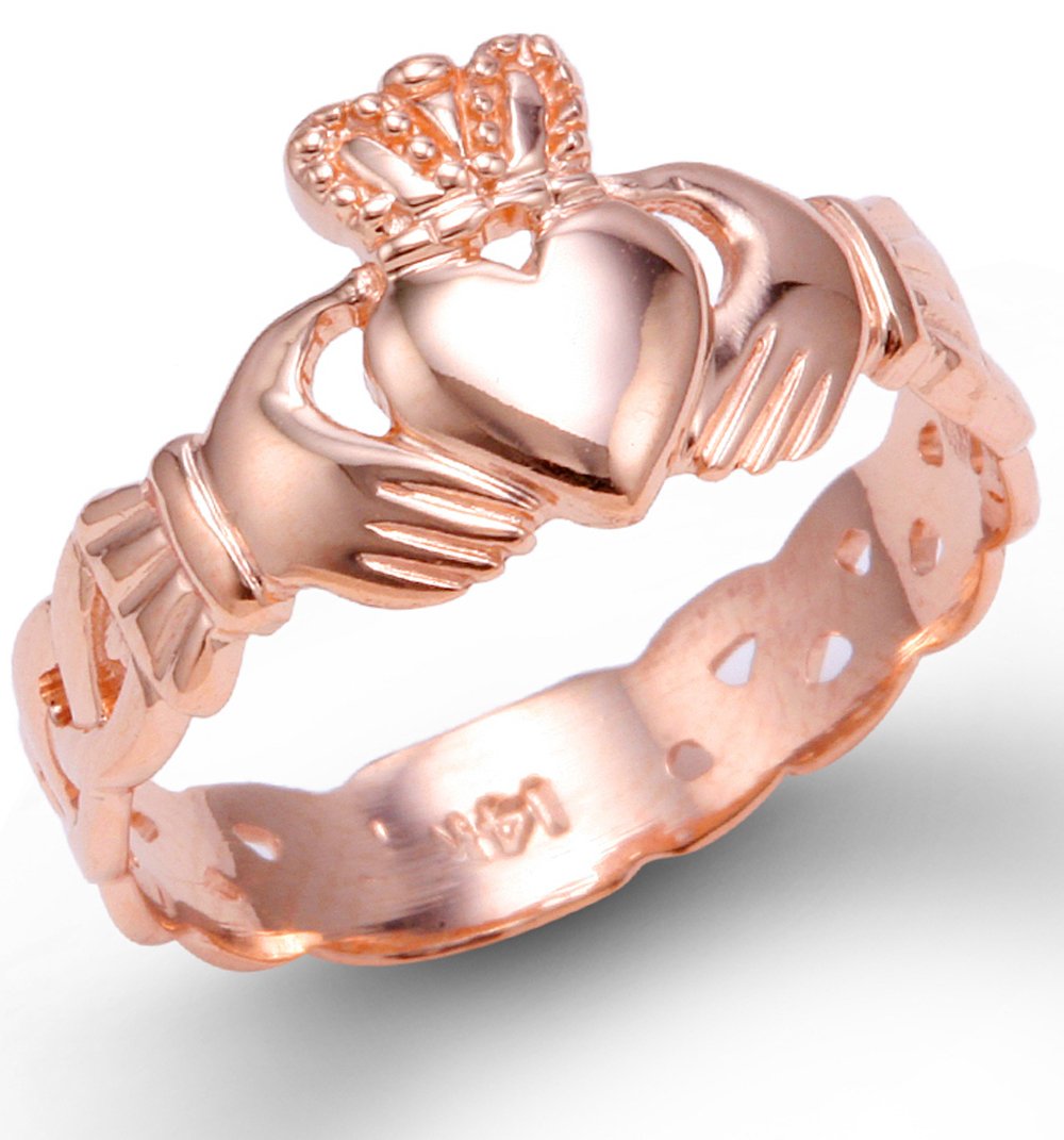 Ladies 10k Rose Gold Claddagh Ring with Trinity Band (10.25)