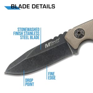 MTech USA – Fixed Blade Knife – Neck Knife – Stonewashed Finish Blade w/ Tan G10 Handle, Full Tang, Kydex Sheath with Ball Chain - Hunting, Camping, Survival, Tactical, EDC – MT-20-30