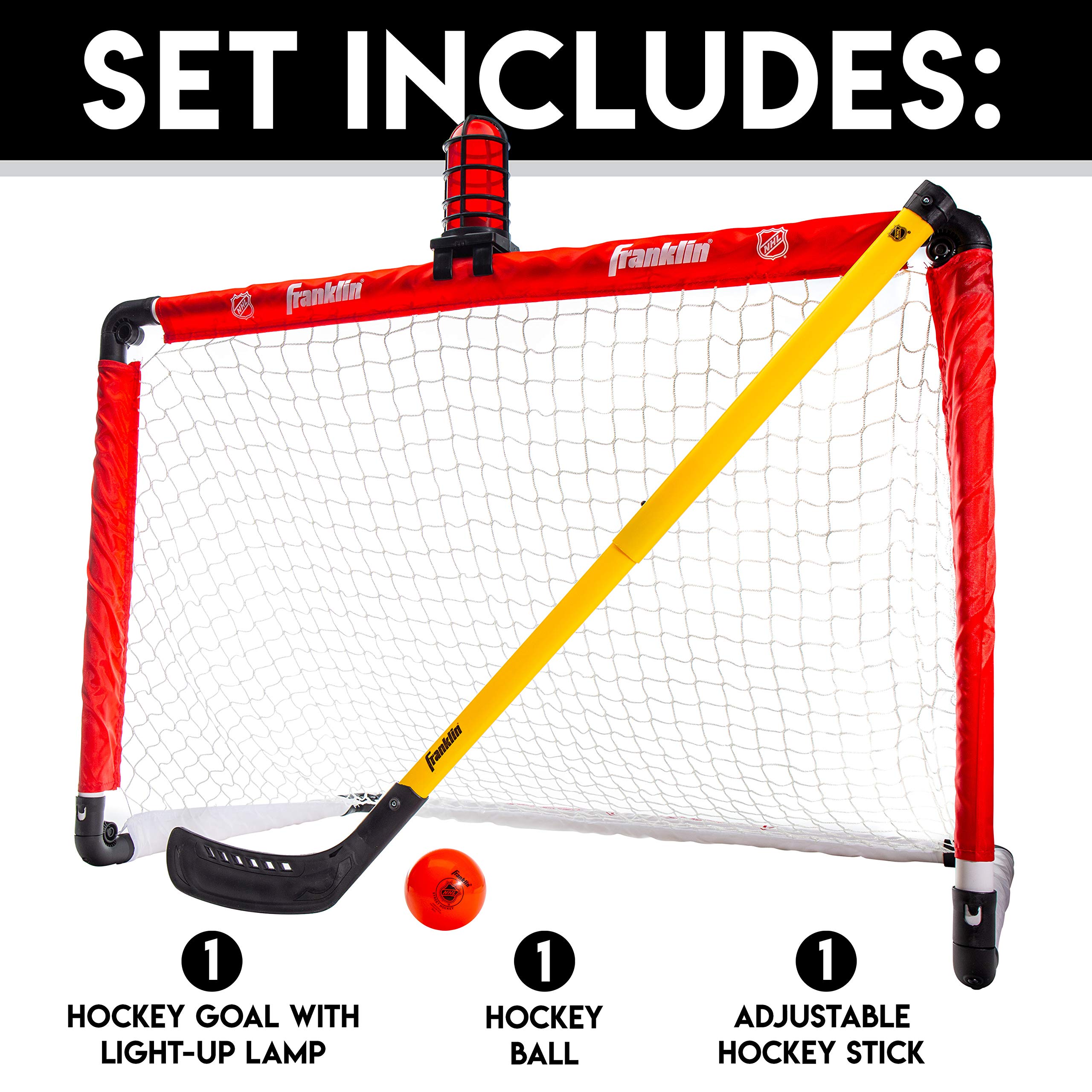 Franklin Sports Mini Hockey Goal Set - NHL Light Up Knee Hockey Goal and Stick Set with Hockey Ball - Perfect for Indoor Floor Hockey and Knee Hockey, Red