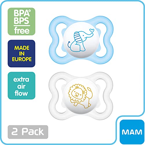 MAM Mini Air Pacifiers, Sensitive Skin Pacifier 0-6 Months for Breastfed Babies, Baby Boy Pacifiers, 2 Count (Pack of 1), Designs May Vary