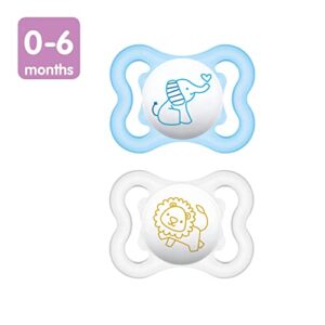 MAM Mini Air Pacifiers, Sensitive Skin Pacifier 0-6 Months for Breastfed Babies, Baby Boy Pacifiers, 2 Count (Pack of 1), Designs May Vary