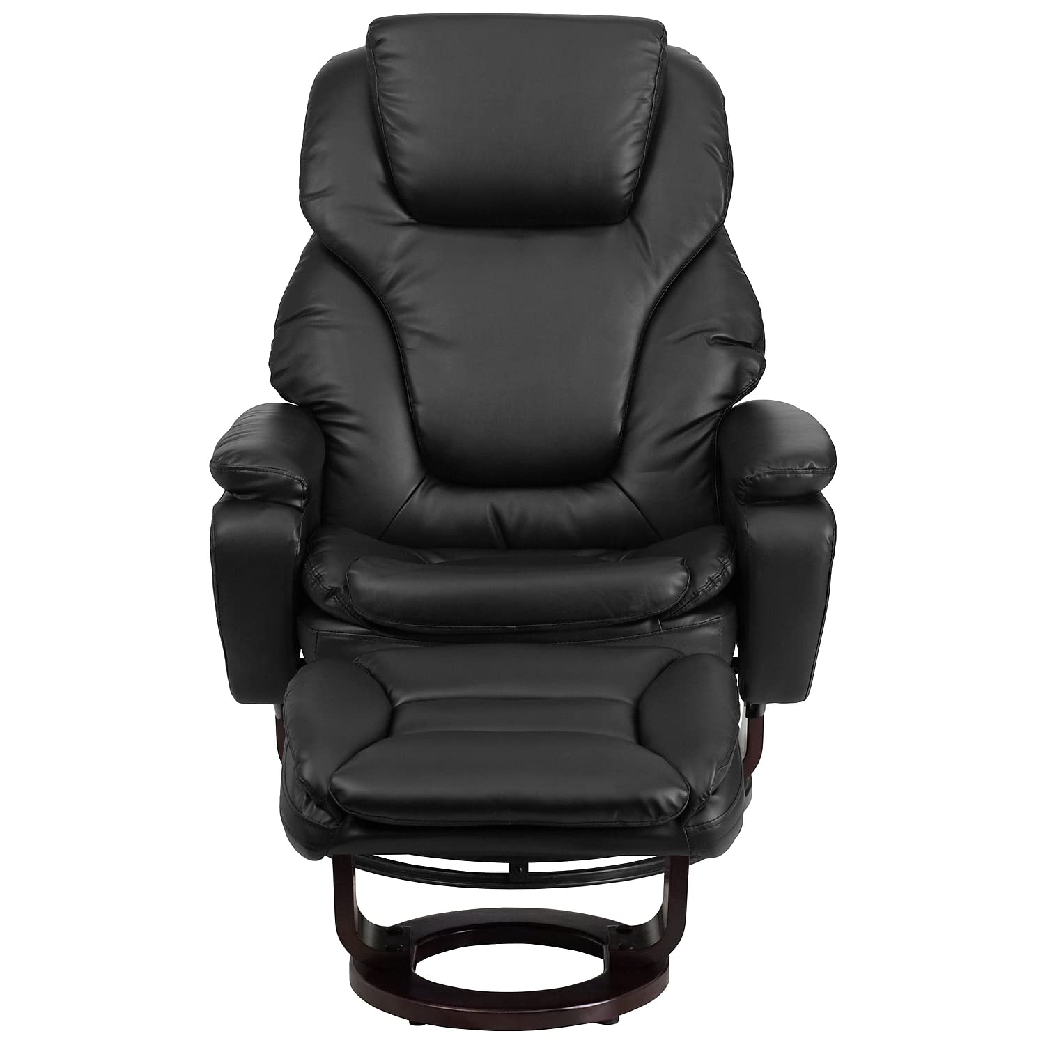 Flash Furniture Austin Contemporary Multi-Position Recliner and Ottoman with Swivel Mahogany Wood Base in Black LeatherSoft